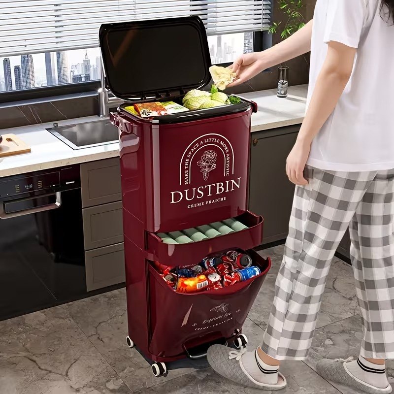 Poubelle de Cuisine Multifonction à 3 Compartiments avec Couvercle et Roulettes