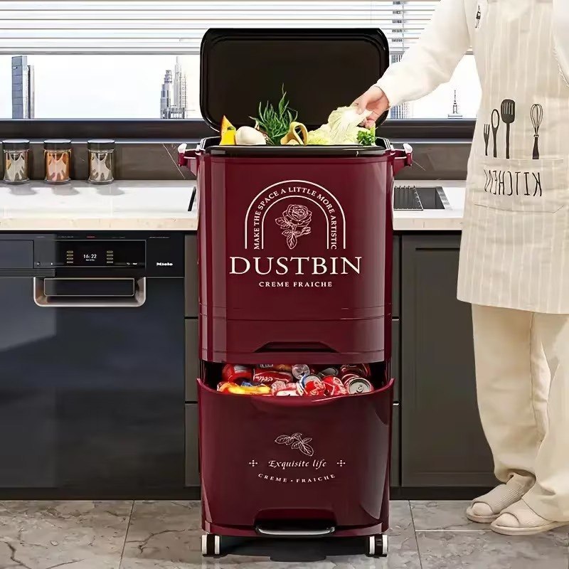 Poubelle de Cuisine Multifonction à 3 Compartiments avec Couvercle et Roulettes