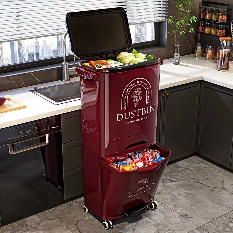 Poubelle de Cuisine Multifonction à 3 Compartiments avec Couvercle et Roulettes
