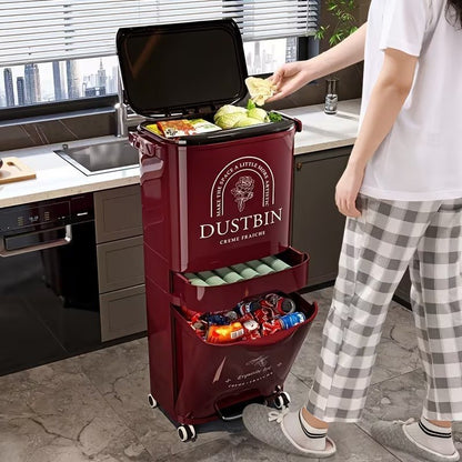 Poubelle de Cuisine Multifonction à 3 Compartiments avec Couvercle et Roulettes