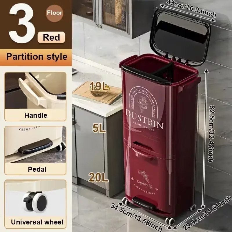 Poubelle de Cuisine Multifonction à 3 Compartiments avec Couvercle et Roulettes