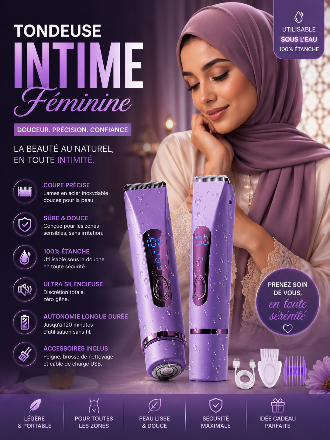 Rasoir électrique 2 en 1 pour femmes - Étanche IPX7, sans fil